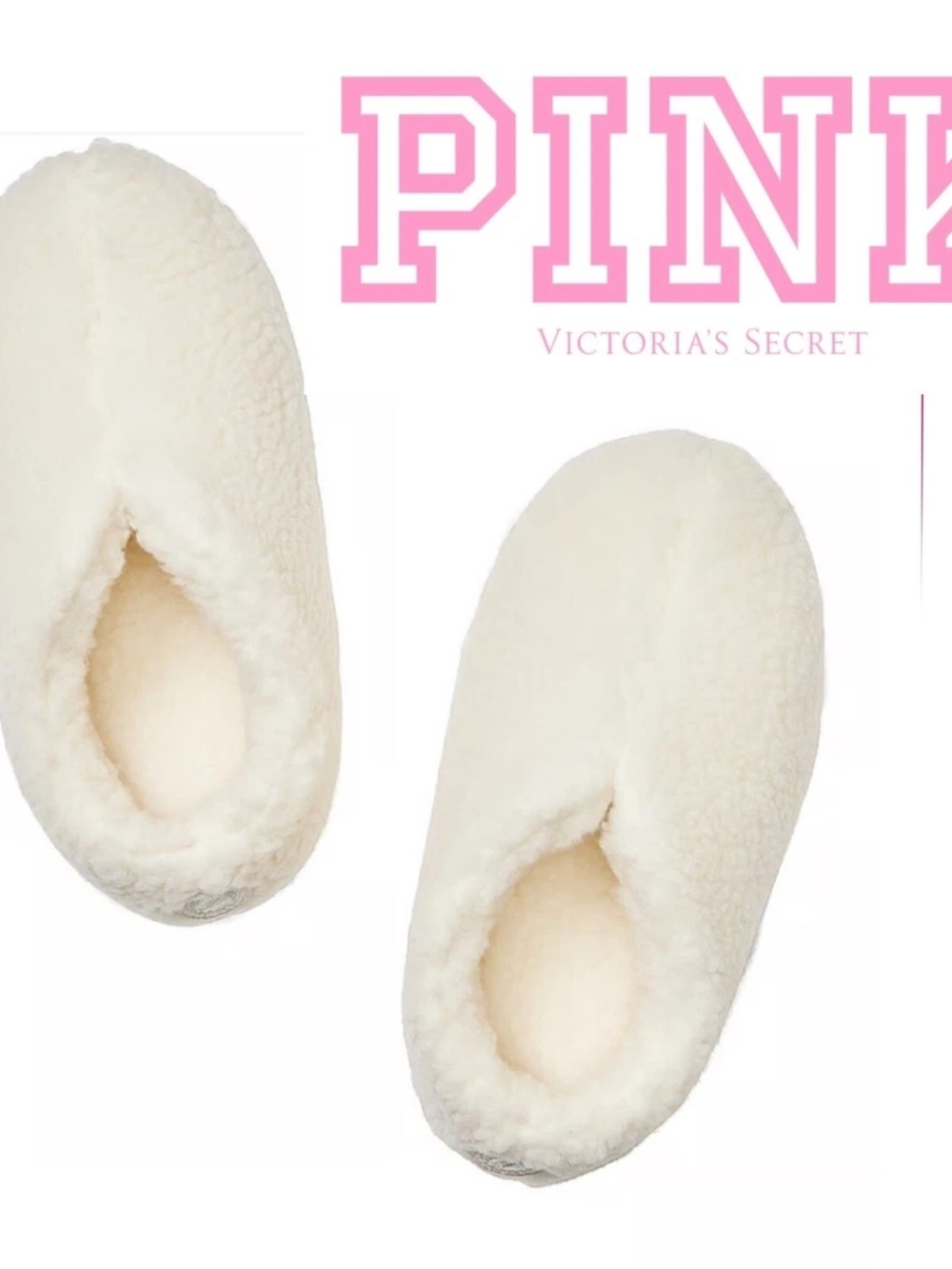 PINK Victoria's Secret Cream Plush Slip-On Slippers